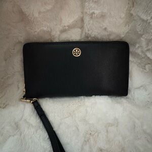 Black Leather Zip-Around Wallet with Gold Emblem